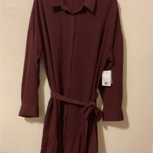 Nine West Burgundy Button Down Ruffle Hem Dress Long Sleeve New - Picture 6 of 7